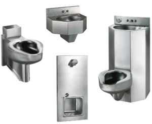 Toilets, sinks, showers, and handicapped user designed fixtures.